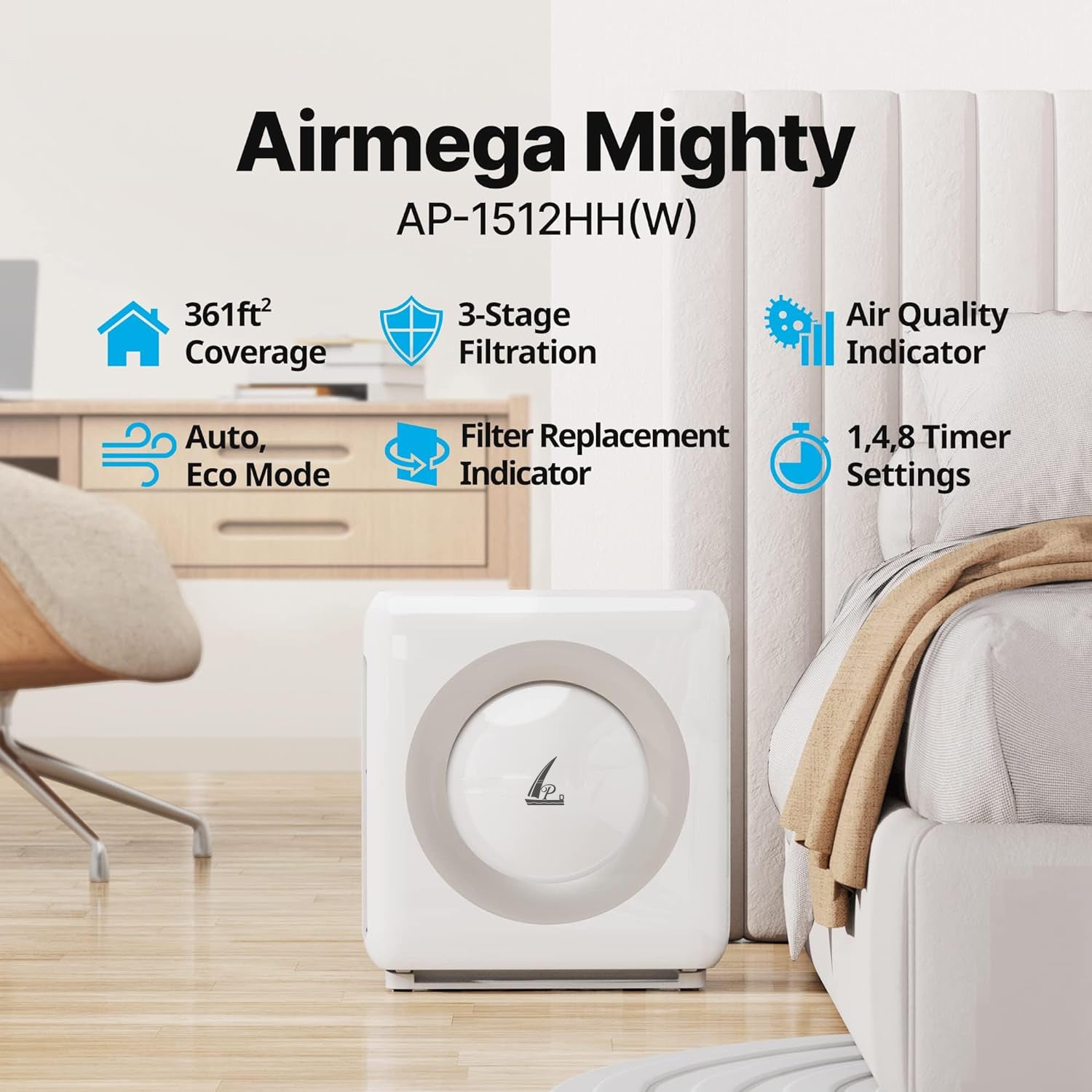 Airmega AP-1512HH(W) True HEPA Purifier with Air Quality Monitoring, Auto, Timer, Filter Indicator, and Eco Mode, 16.8 x 18.3 x 9.7, White