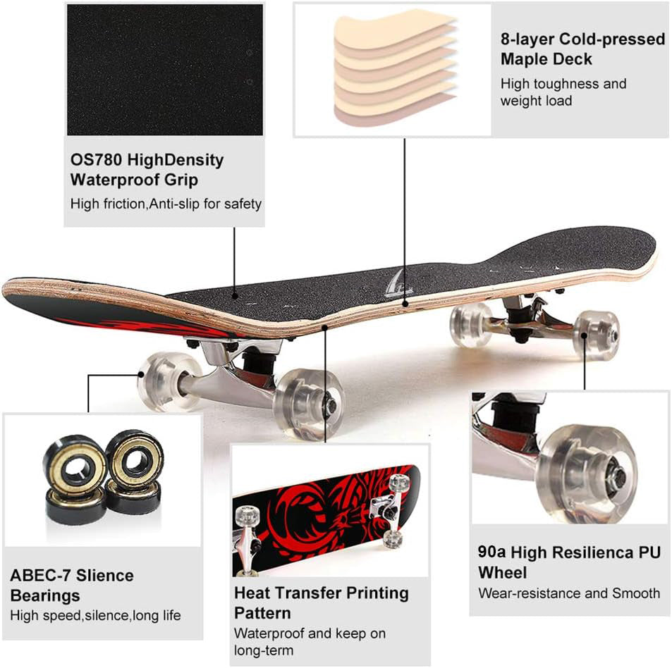 APQ-Skateboard Complete Longboard Double Kick Skate Board Cruiser 8 Layer Maple Deck for Extreme Sports and