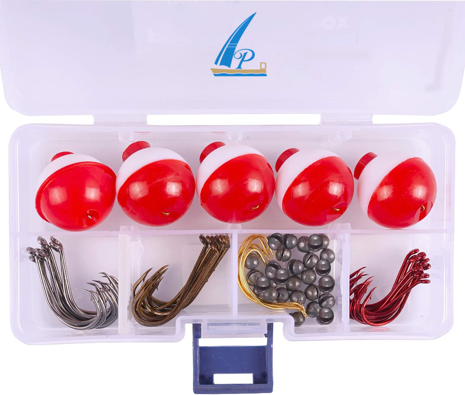 APD Fishing Tackle Kit Beginners Equipment 80 Pcs-Includes Fishing Hooks Bobbers Circle Octopus Hooks Sinkers| Starter Kit for Artificial and Live Baits (80-Pcs)