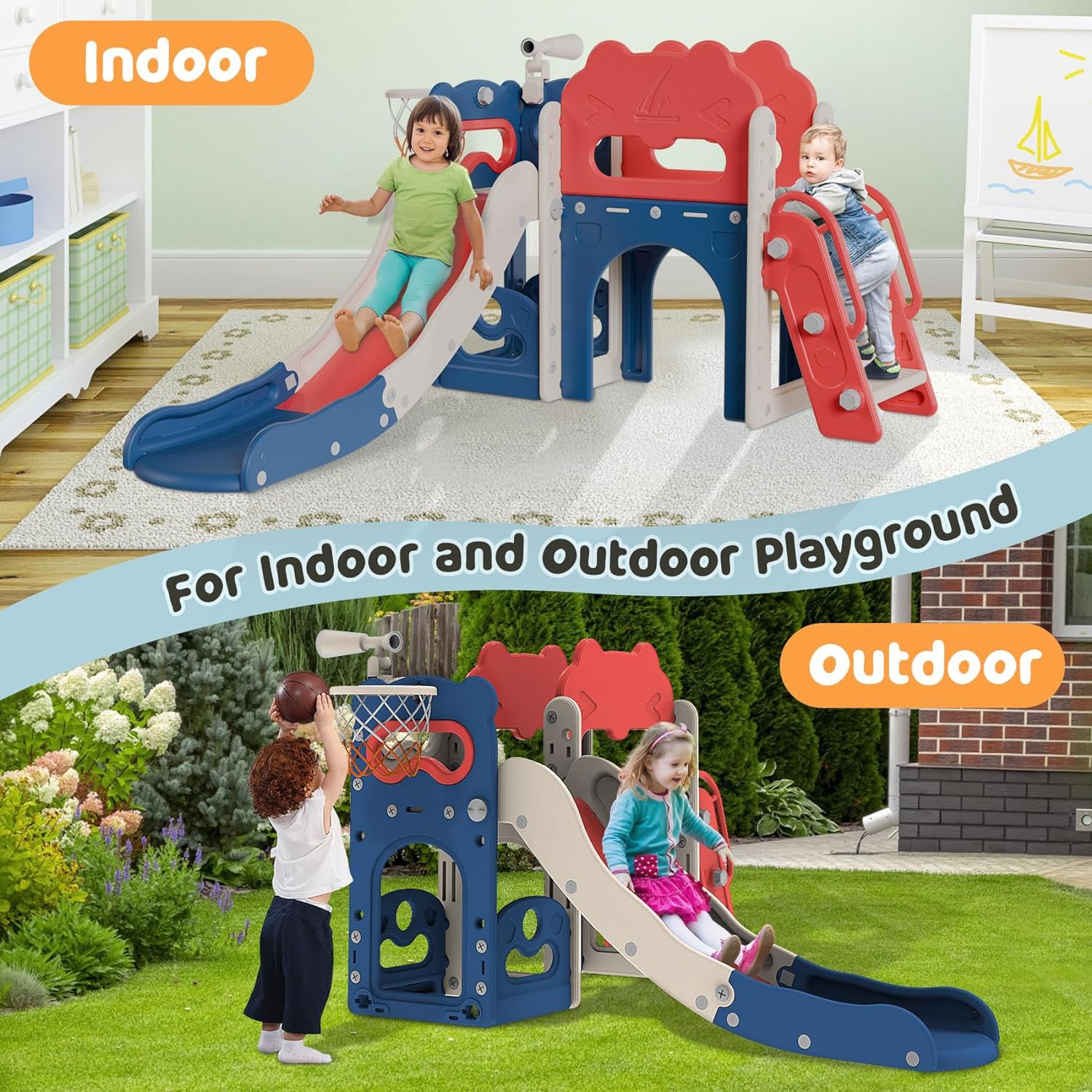 APD Time Sports Climber & Slide for Kids, Indoor/Outdoor Playground Set, Slide, Basketball Hoop, Climbing Wall, Easy to Assemble, Backyard Playset, Kids Ages 2 – 6 Years Old