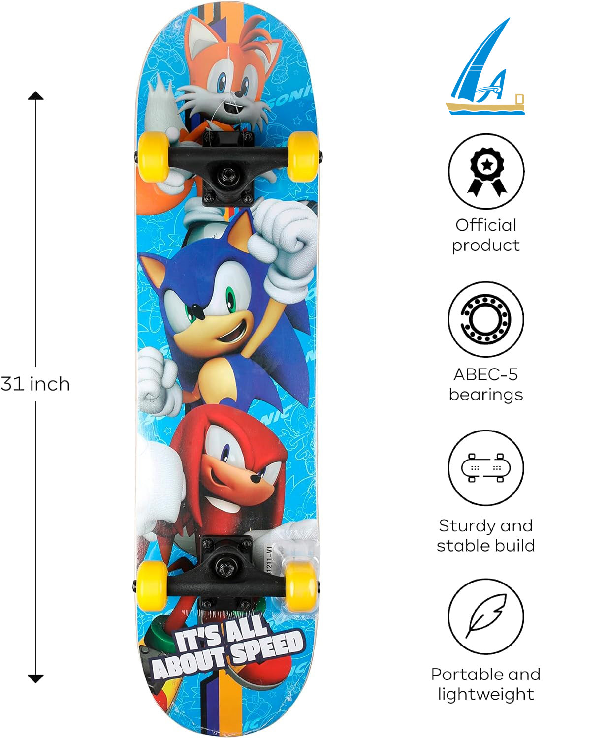 AAD-Sonic The Hedgehog Character Skateboards - Cruiser Skateboard with ABEC 5 Bearings, Durable Deck, Smooth Wheels