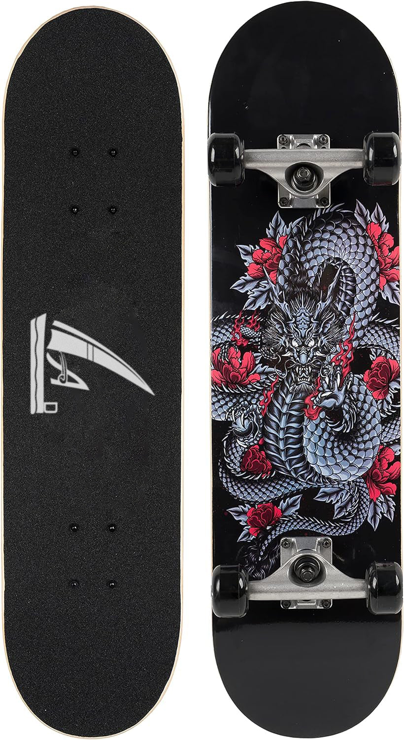 AAD-Black Skateboard Dragon Graphic Teen Gifts Longboard Extreme Sports for Beginners and Professionals