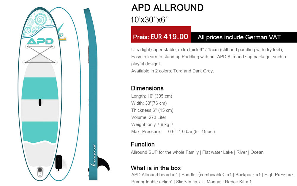 APD Inflatable Stand Up Paddle Board 10X30X6 (Blue)