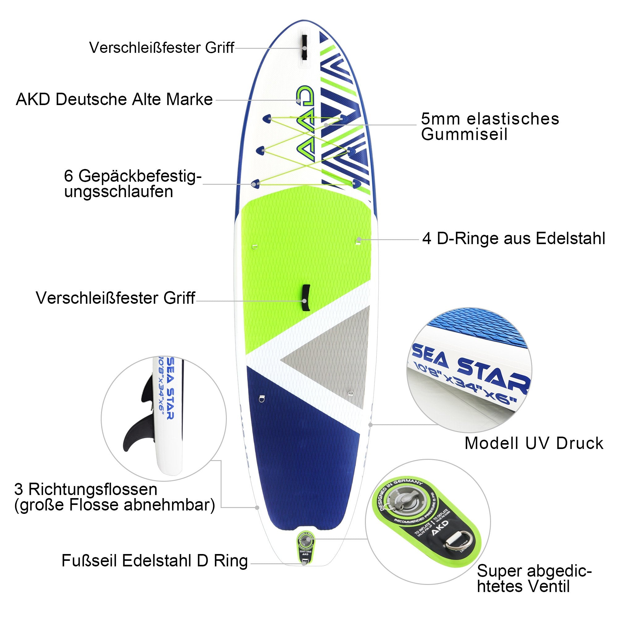 AKD SeaStar Stand Up Paddle Board 10'8” 325x86x15cm SUP Board 165kg/346L (Green)